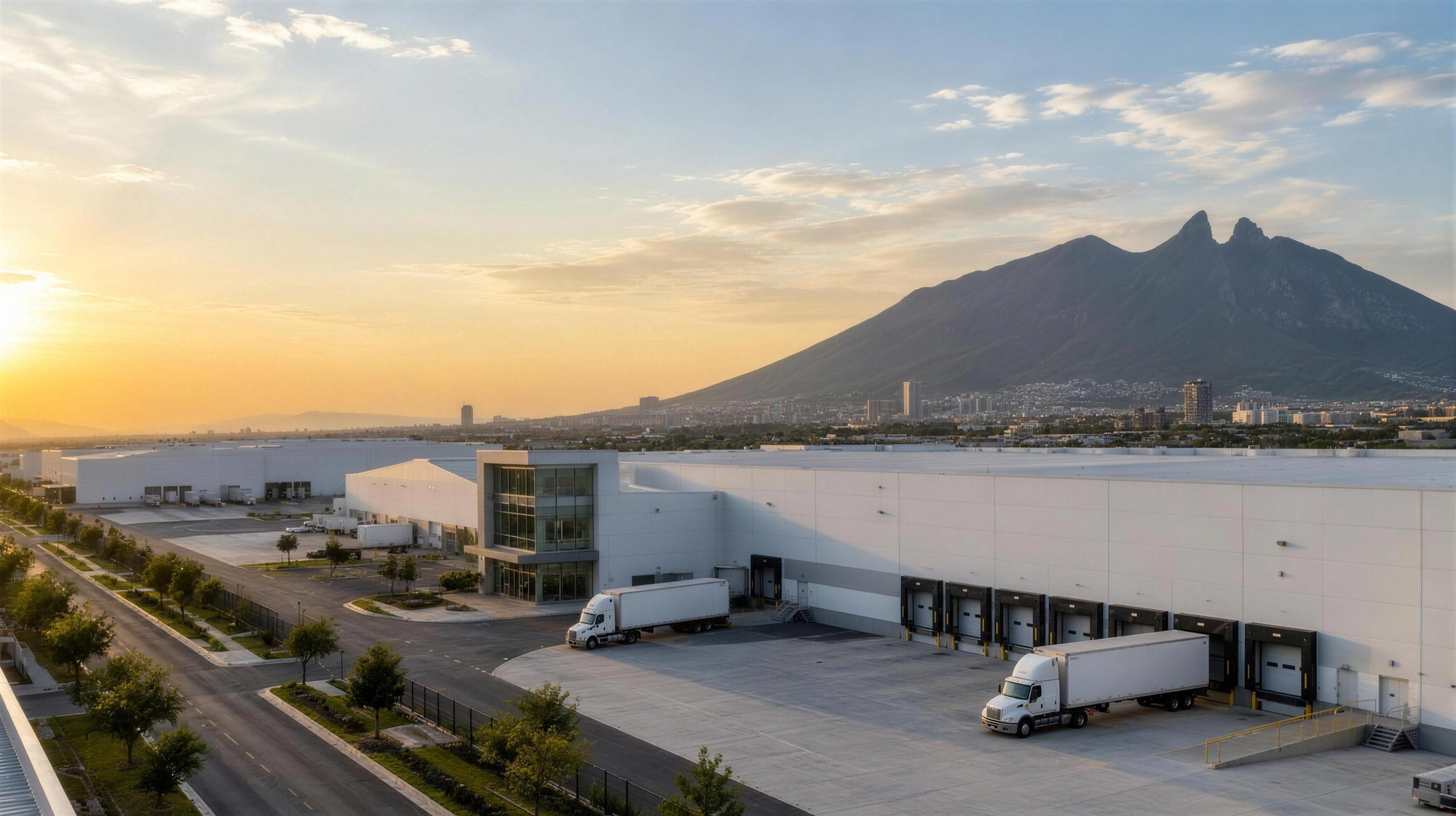 Parque industrial en Monterrey con el Cerro de la Silla