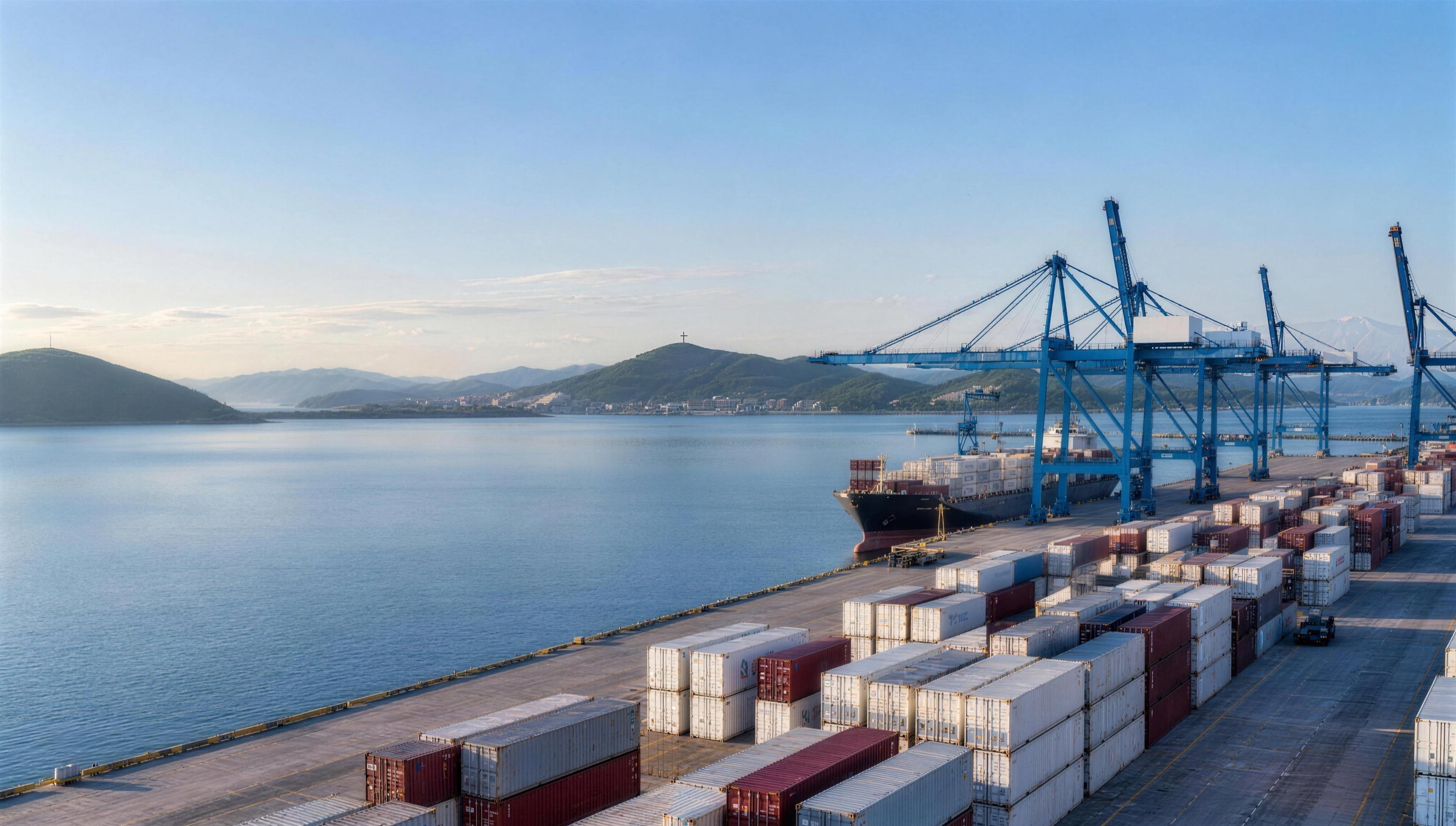 Puerto de contenedores del Pacífico con luz de mañana