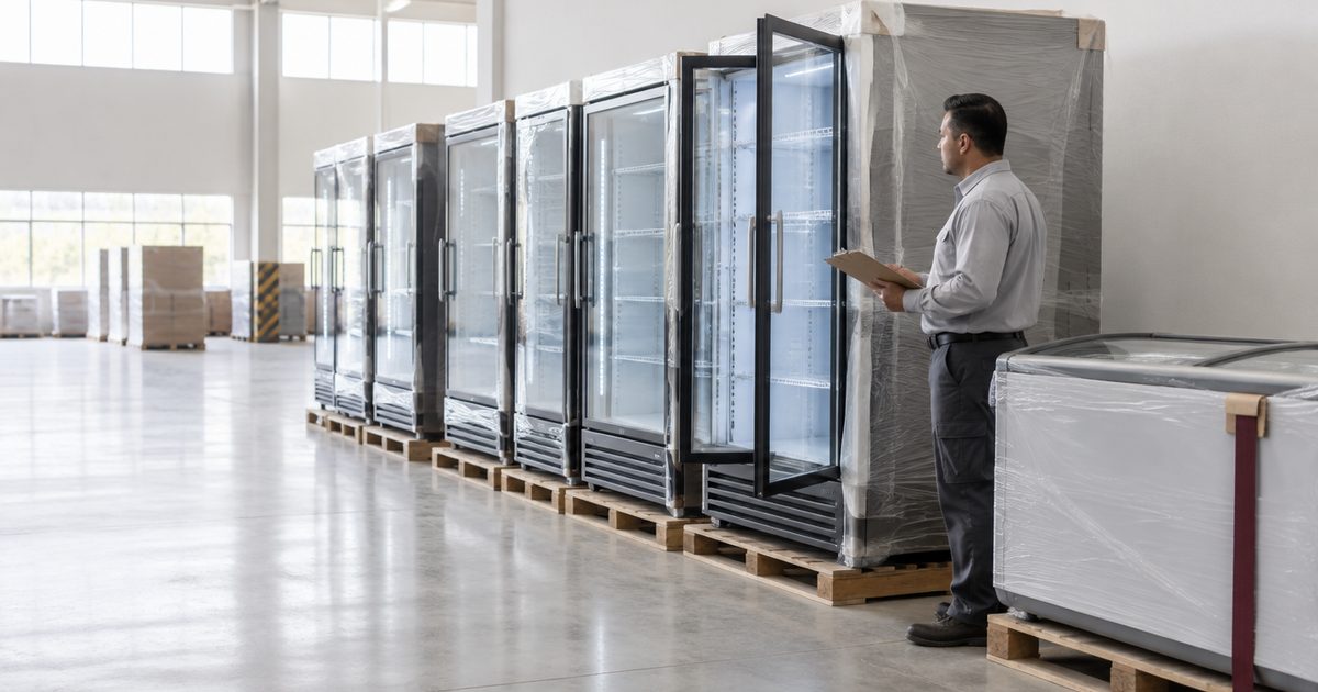 Ingeniero revisa una fila de enfriadores verticales y un congelador horizontal recién llegados a una bodega: NOM-022-ENER/SE-2025 para refrigeración comercial