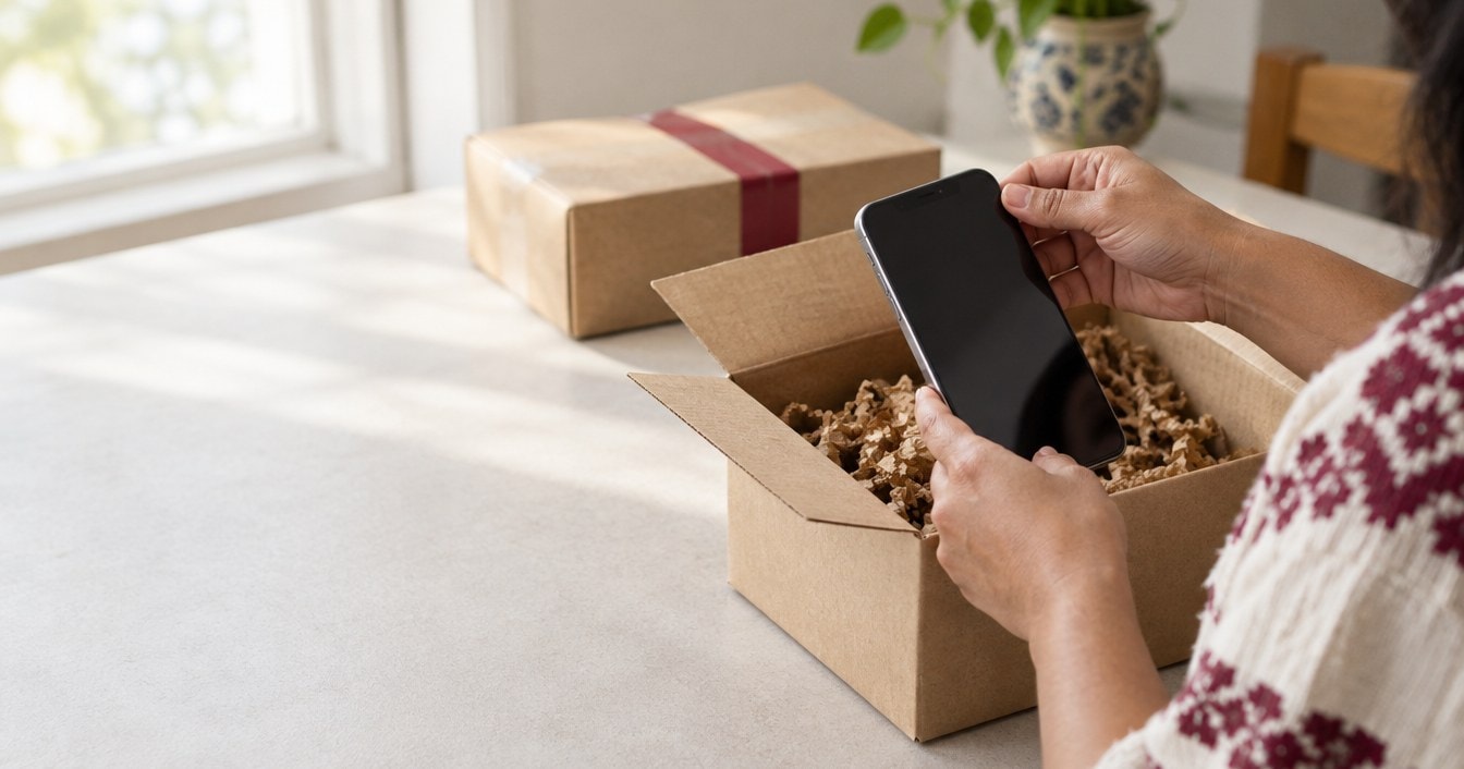 Manos sacando un celular de una caja de paquetería: los celulares importados por mensajería ahora deben cumplir NOM en aduana