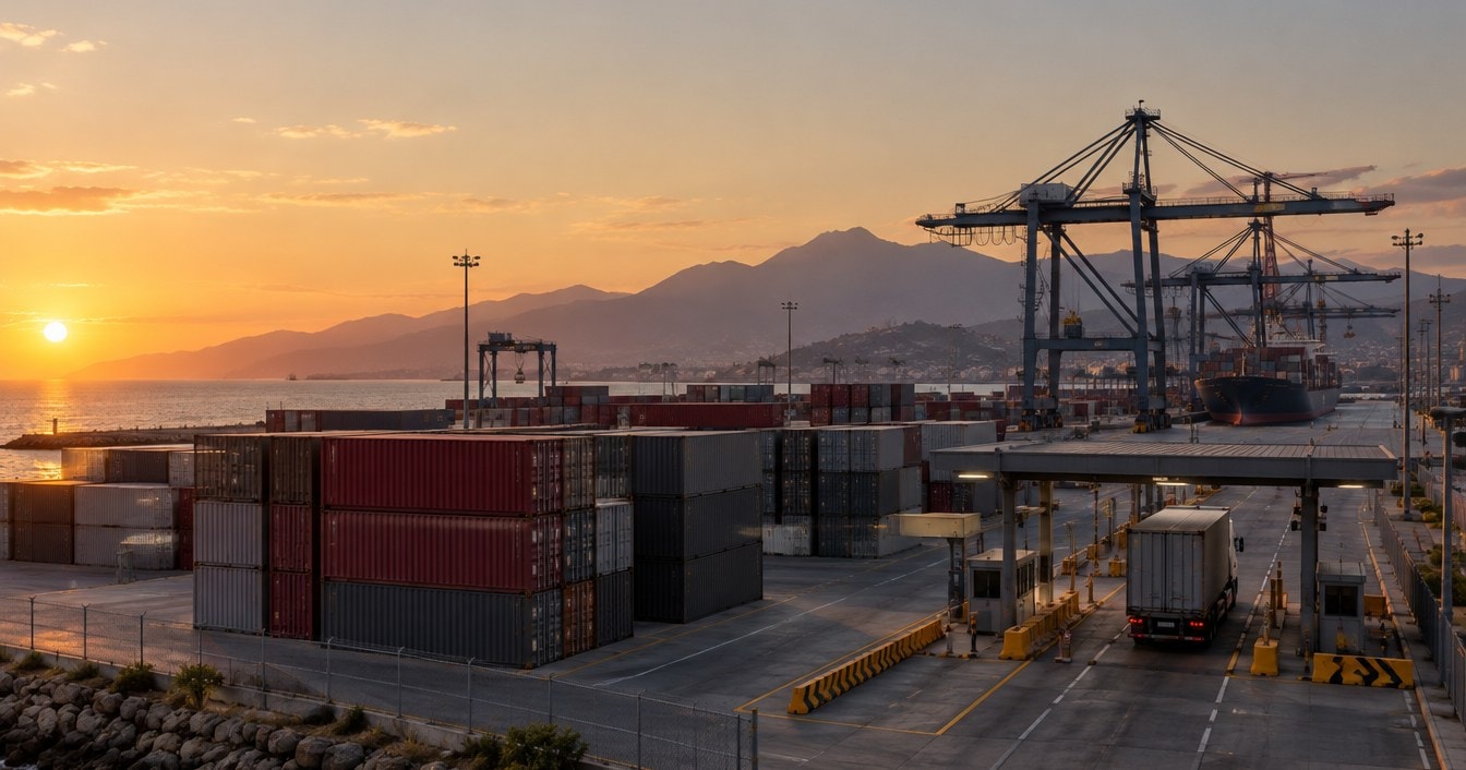 Puerto de carga en México al atardecer con contenedores, grúas y garita aduanal: reforma a la Ley Aduanera 2026, embargo y multas por incumplir NOM