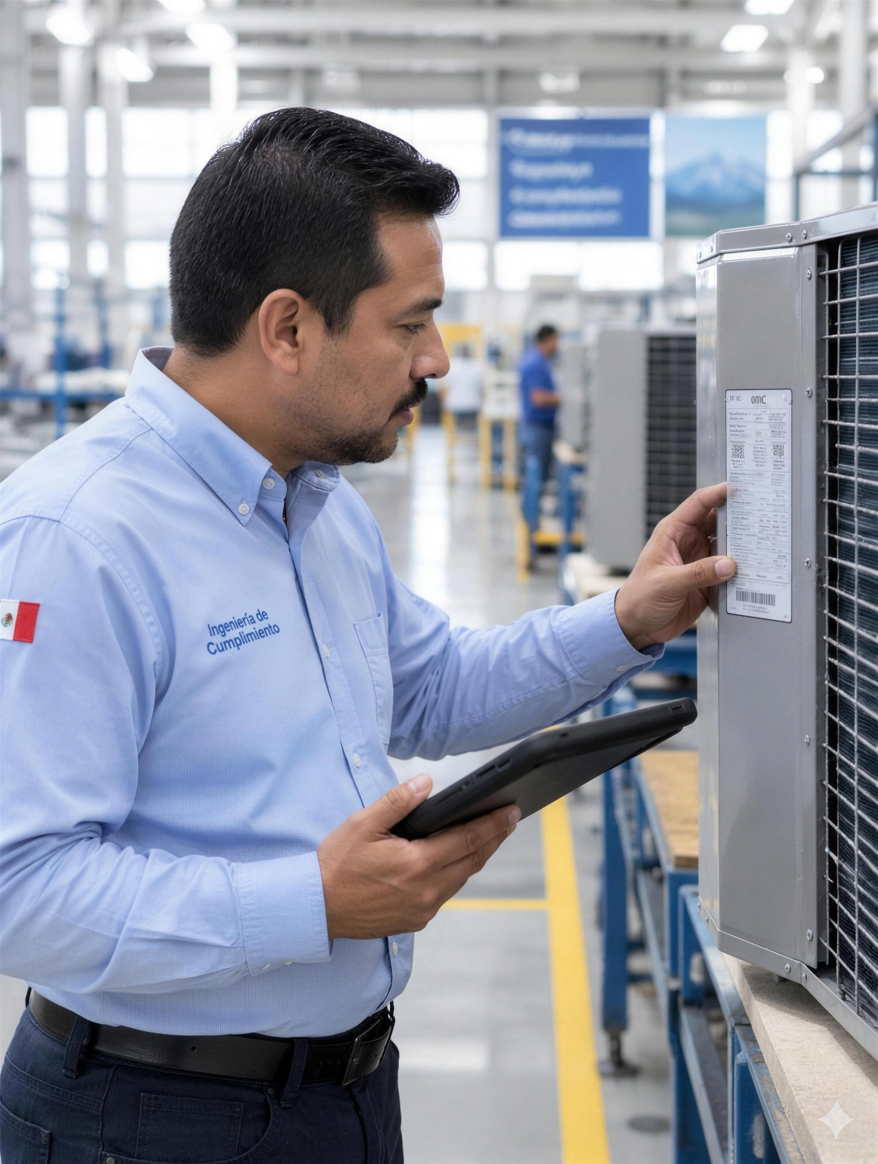 Ingeniero revisando la placa de datos de un equipo